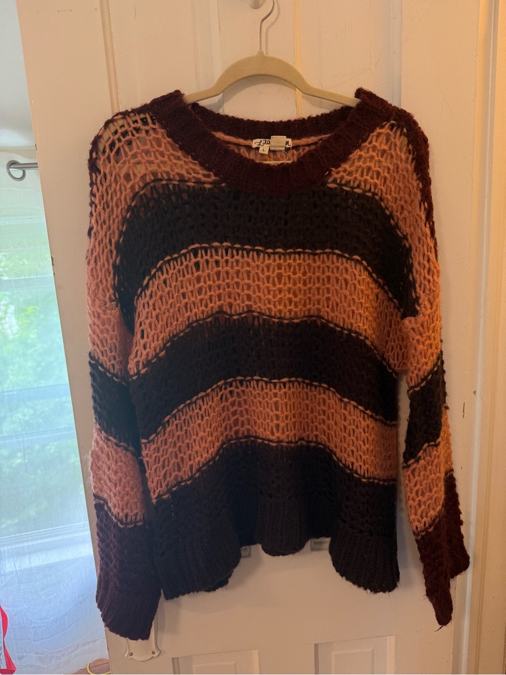 Anthropologie Striped Open-Knit Crewneck Sweater in Rust and Dark Brown